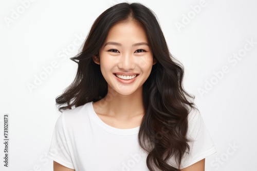 a jubilant and charming Asian lady dons a white tee t-shirt, exuding happiness while flaunting her smile against a plain white backdrop. Generative AI.