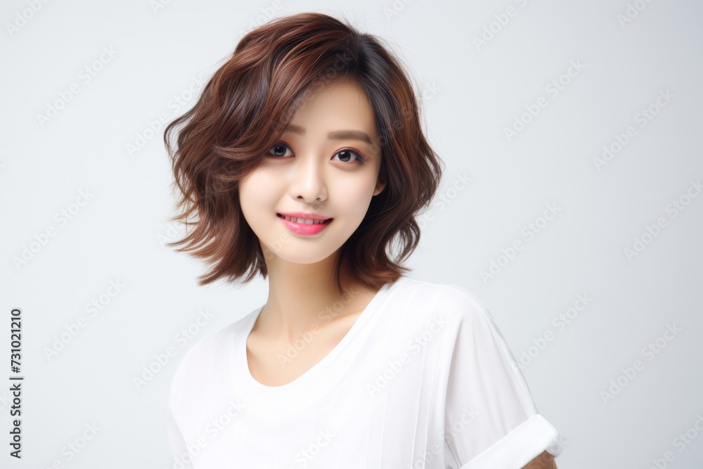 a jubilant and charming Asian lady dons a white tee t-shirt, exuding happiness while flaunting her smile against a plain white backdrop. Generative AI. a jubilant and charming Asian lady dons a white tee t-shirt, exuding happiness while flaunting her smile against a plain white backdrop. Generative AI.