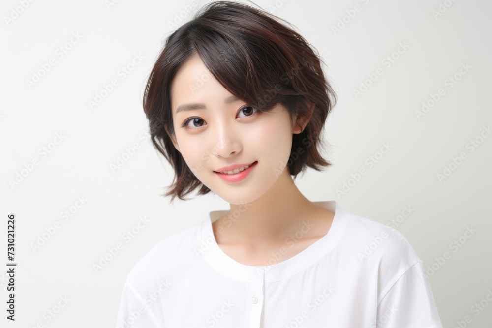 a jubilant and charming Asian lady dons a white tee t-shirt, exuding happiness while flaunting her smile against a plain white backdrop. Generative AI. a jubilant and charming Asian lady dons a white tee t-shirt, exuding happiness while flaunting her smile against a plain white backdrop. Generative AI.