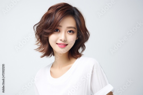 a jubilant and charming Asian lady dons a white tee t-shirt  exuding happiness while flaunting her smile against a plain white backdrop. Generative AI.