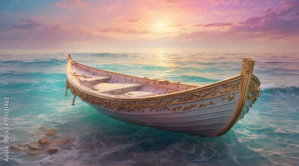 Tranquil Evening Sea with a dreamlike Boat. AI generated