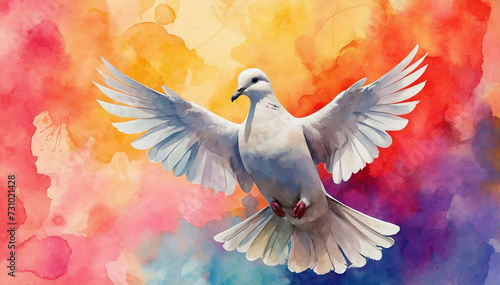 Watercolor white Dove on abstract colorful background, Christian symbol white dove. AI generated