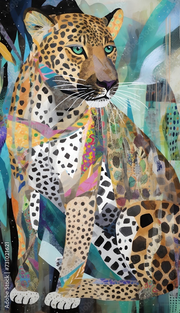 Naklejka premium Leopard Cheetah, highly textured, mixed media collage painting, fringe absurdism, Award winning halftone pattern illustration 