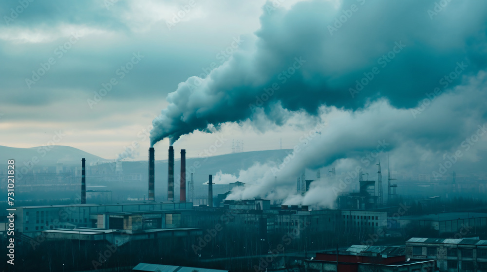 Industrial landscape with heavy smoke from the chimneys.