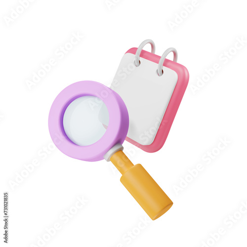 3d magnifier and copybook with blank paper. Tiny elements render in plastic style and pastel colors. Loupe with notepad icon. Vector isolated illustration.