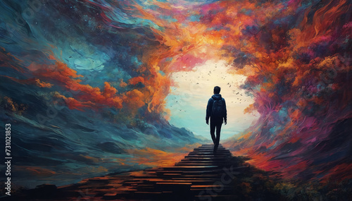 Black lonely silhouette of the man going upstairs to the colorful skies. AI generated