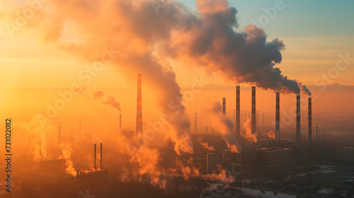Industrial landscape with heavy smoke from the chimneys. 