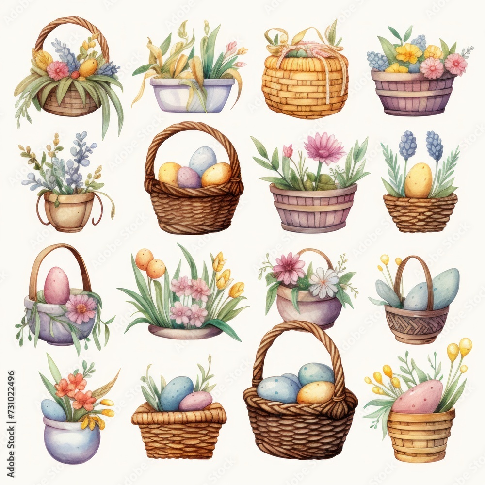 Easter wicker baskets with painted eggs, spring flowers in watercolor on white background. Easter wicker baskets with painted eggs, spring flowers in watercolor on white background.