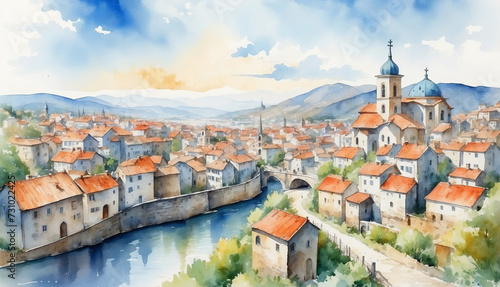 Watercolor painting European old town with Christian church. AI generated