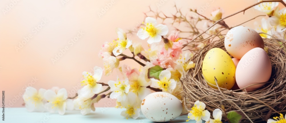 Easter pastel composition of colorful eggs in nest with spring flowers for festive holiday on yellow background. Greeting card with copy space. Close up.