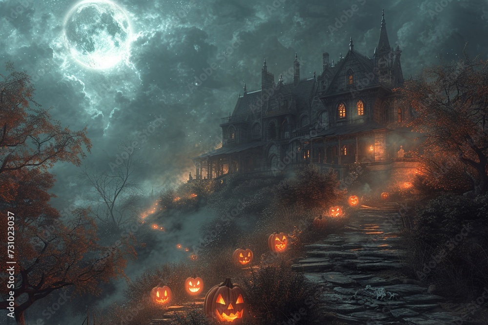 Gothic Horror Haunted Mansion in Fog

