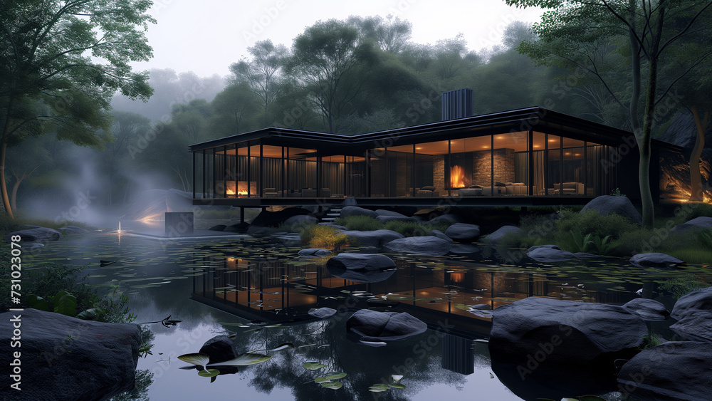 Sleek Mountain Sanctuary: Modern Glass House Amidst Forestpunk Scenery
