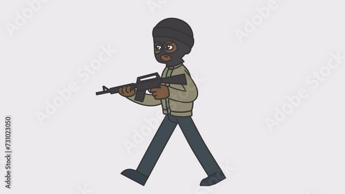 2d animation of walking black male criminal in mask holding a machine gun. Looped 4K video with alpha-channel.