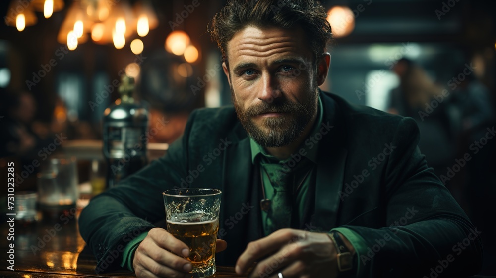 Young handsome man with a beer in hand in Pub on a dark blurred background