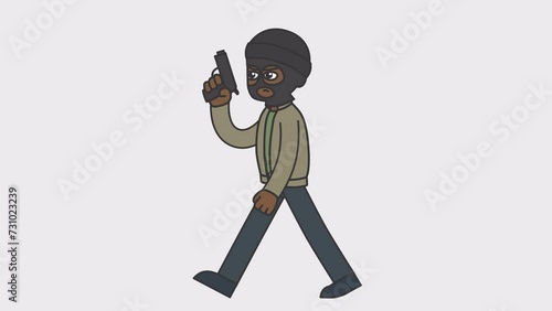 2d animation of walking black male criminal in mask holding a gun. Looped 4K video with alpha-channel.