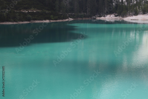 Lago di Braies  Braies lake  Pragser wildsee in Trentino Alto Adige  Dolomites mountains  South Tyrol  Italy.  Fanes-Sennes-Braies national park. 