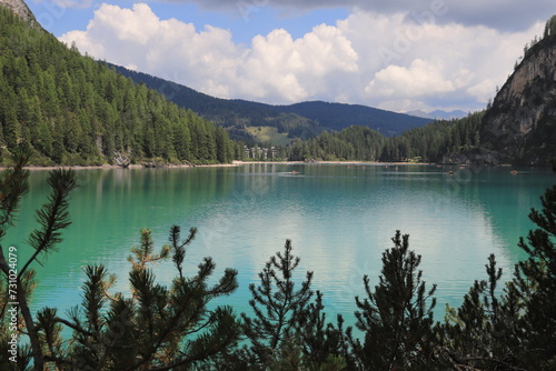 Lago di Braies, Braies lake, Pragser wildsee in Trentino Alto Adige, Dolomites mountains, South Tyrol, Italy. Fanes-Sennes-Braies national park. 