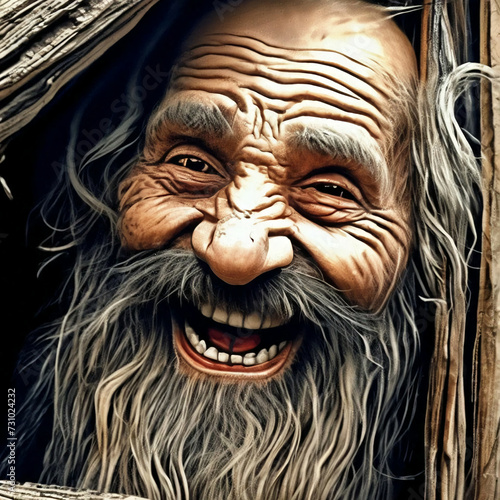 cunning bearded, overgrown, scary old dwarf brownie laughs