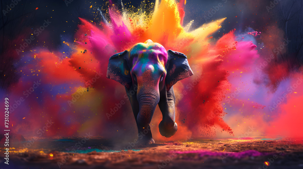 Majestic and powerful elephant is running through a colorful powder explosion - Format 16:9