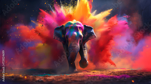 Obraz na płótnie Majestic and powerful elephant is running through a colorful powder explosion - Format 16:9 w salonie