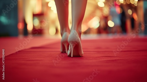 Close up on the heels of a woman walking the red carpet