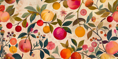  Vibrant hand-painted floral and fruit seamless pattern with colorful blooms and ripe oranges, plums, and peaches on a bright background. Botanical wallpaper.