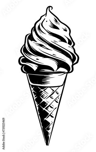 A line drawing black and white ink sketch of an ice-cream cone