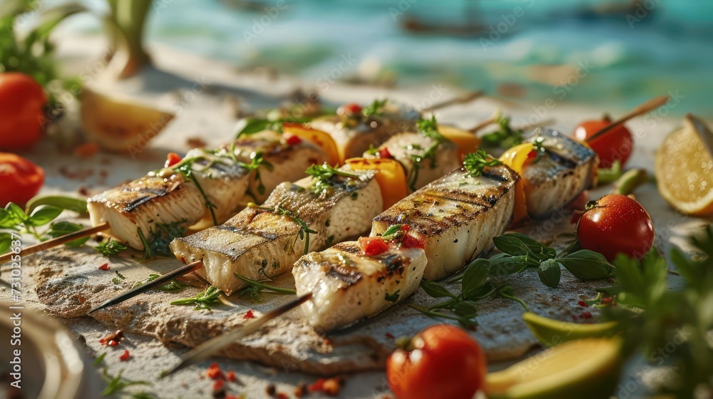 grilled swordfish skewers, showcasing perfectly grilled fish with a