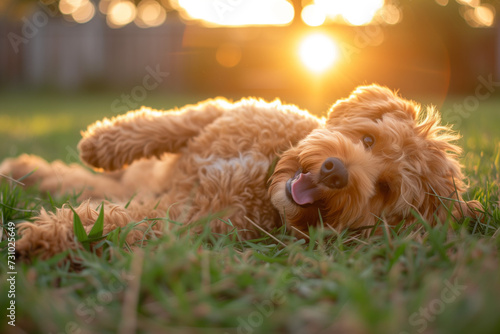 A goldendoodle puppy laying in the grass with the sun setting behind it. photo