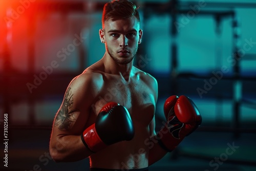 Action young male handsome boxer wearing boxing gloves in gym background