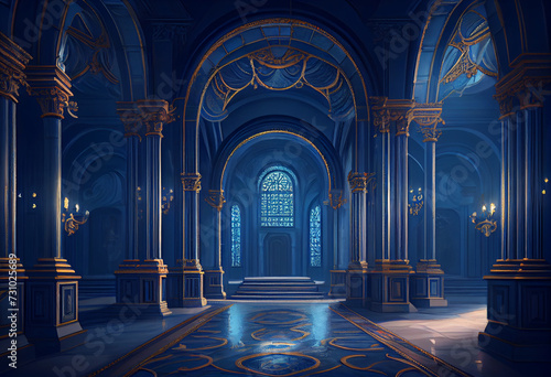 Photorealistic interior of a castle or palace decorated with blue ornamental stone and gold. AI generative. photo