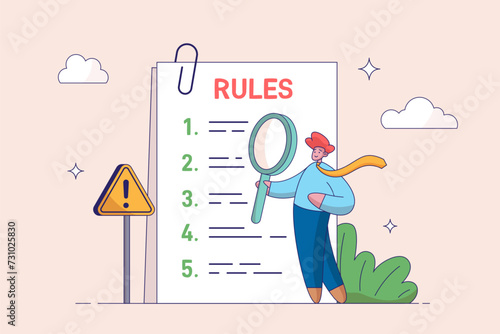 Company policy concept. Rules and regulations, corporate law and business ethics. Business person reading checklist of rules and regulation standards. Vector illustration in flat design.