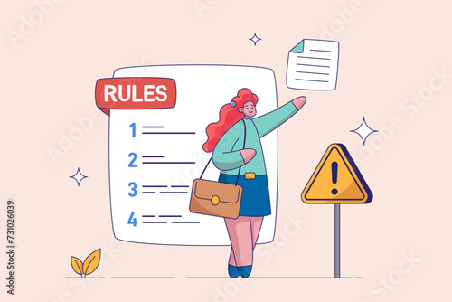 Rules and regulations concept. Company policy, corporate law and business ethics. Business woman demonstrating checklist of rules and regulation standards. Vector illustration in flat design