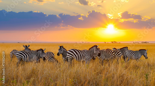 Zebras in the African savanna against the backdrop.