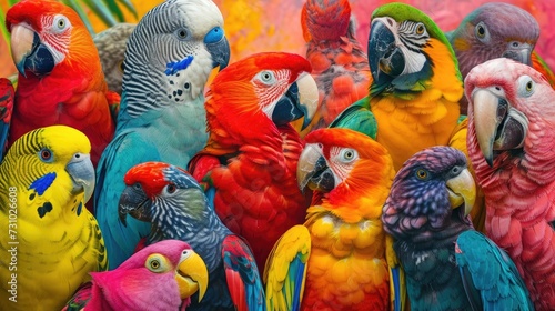 Vibrant Flock of Parrots in a Riot of Colors. photo