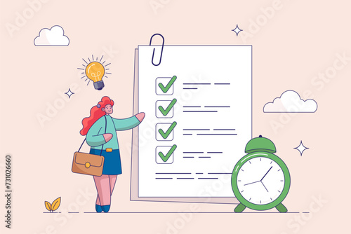 Checklist, online exam, notes concept. Online survey form with characters. Business woman marks on the to-do list with giant clock. Flat vector illustration for UI, web banner, mobile app.