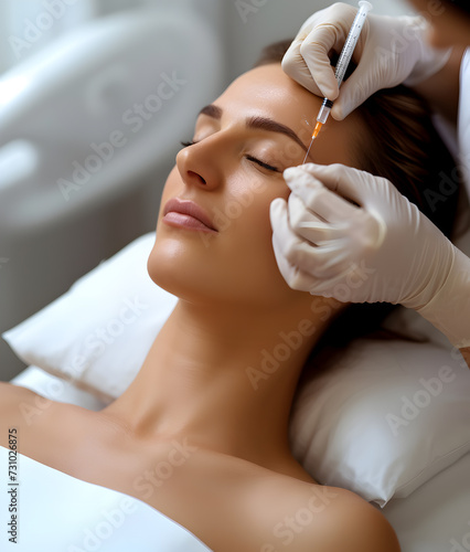 Filler injection for female forehead face. Plastic aesthetic facial surgery in beauty clinic. Beauty woman giving injections. Doctor in medical gloves with syringe beauty injects . photo