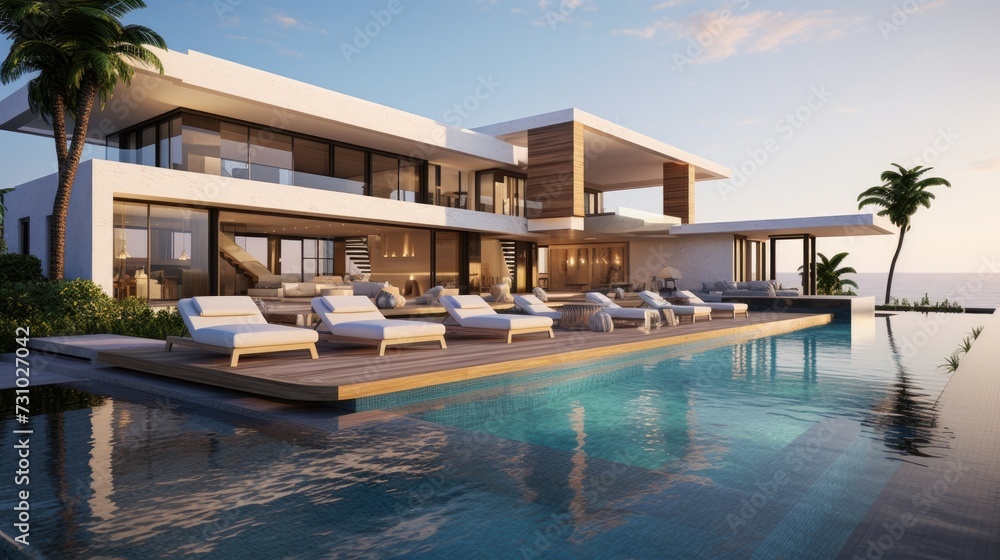 Contemporary seaside luxury villa with pool.