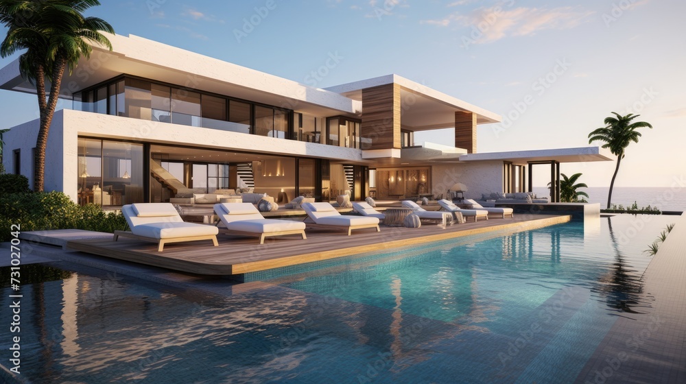 Fototapeta premium Contemporary seaside luxury villa with pool.