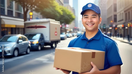 The male delivery driver is smiling happily. AI generate photo