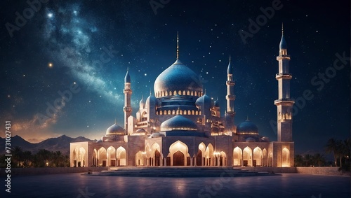New Eid al-Fitr Celebration: Mosque Glowing under Starry Night Sky with Crescent Moon Background photo