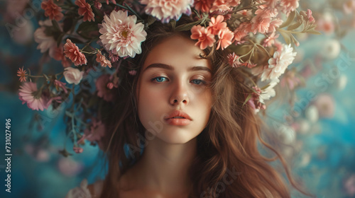Young woman portrait with flowers levitating over.