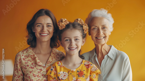 Grandmother, mother and granddaughter smiling. Portrait for Mother's Day.