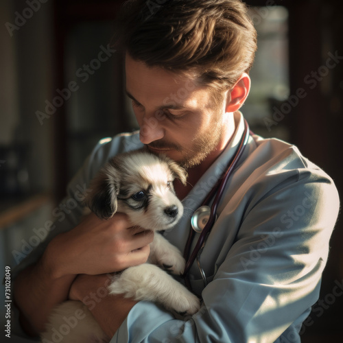 Tender Moments  Petite Veterinarian Embraces a Tiny Puppy with Love
