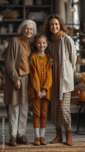 Grandmother, mother and granddaughter smiling. Portrait for Mother's Day.