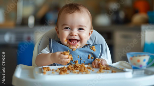 a happy baby is sitting in a high chair and eating © bahadirbermekphoto