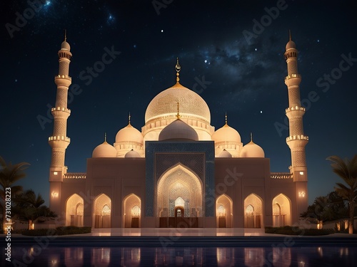 New Eid al-Fitr Celebration: Mosque Glowing under Starry Night Sky with Crescent Moon Background