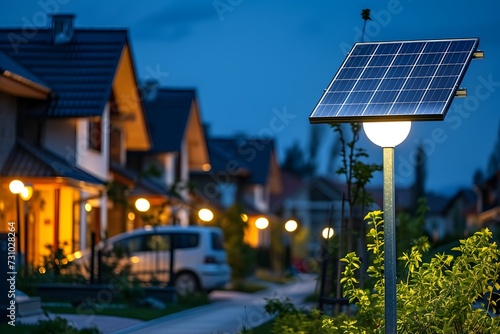 Residential Area by Night with Solar Panel Lighting