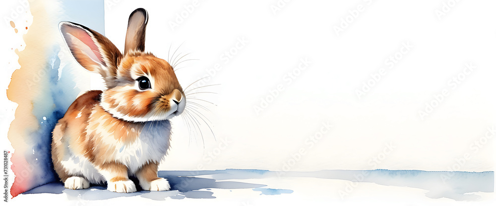 Fototapeta premium A cute brown rabbit sits alone in the corner. Isolated on a white background. Animal illustration in watercolor style.