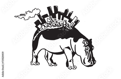 Graphical illustration, megapolis on hippo's back. Vector illustration